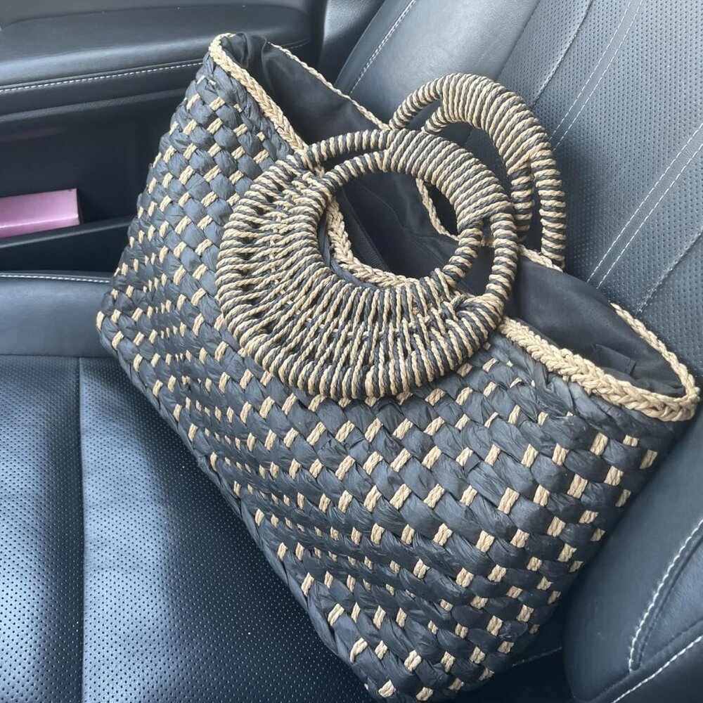 Neiman Marcus Hand-Woven Rattan Straw Tote with Wooden Top Handle